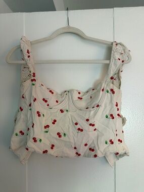 Princess Polly Cherry Print Bustier Crop Top | Cream | Size US 2